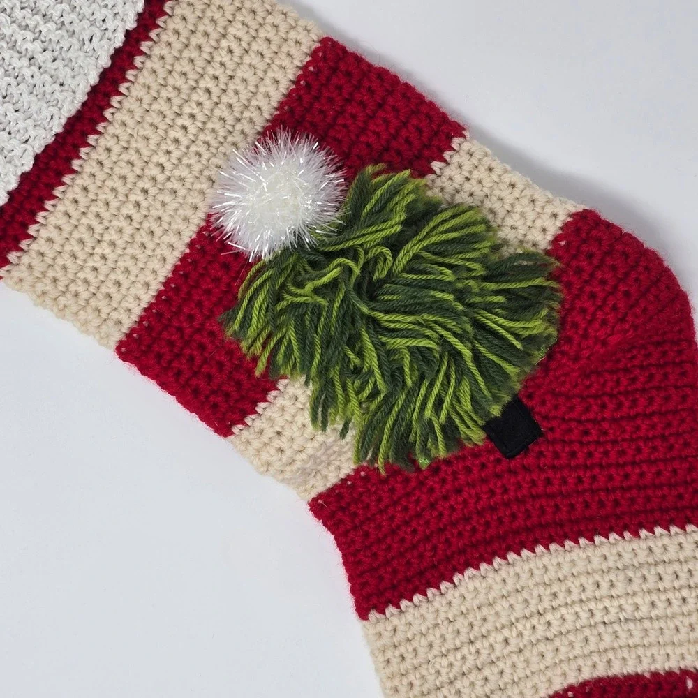 Crate & Barrel Hand-Knit Shaggy Tree Stocking Christmas Red Wool Holiday Decor